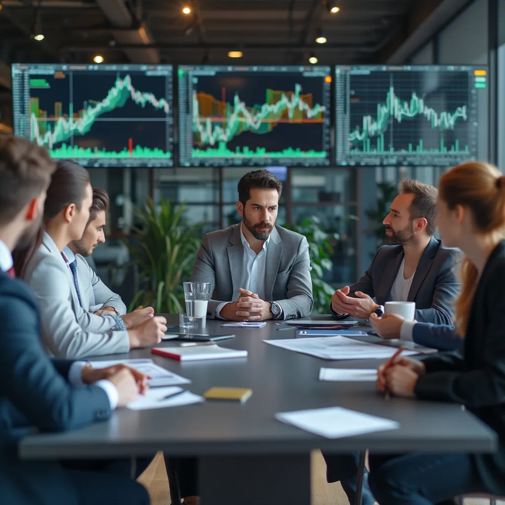 Equipo de asesores financieros en reunión estratégica